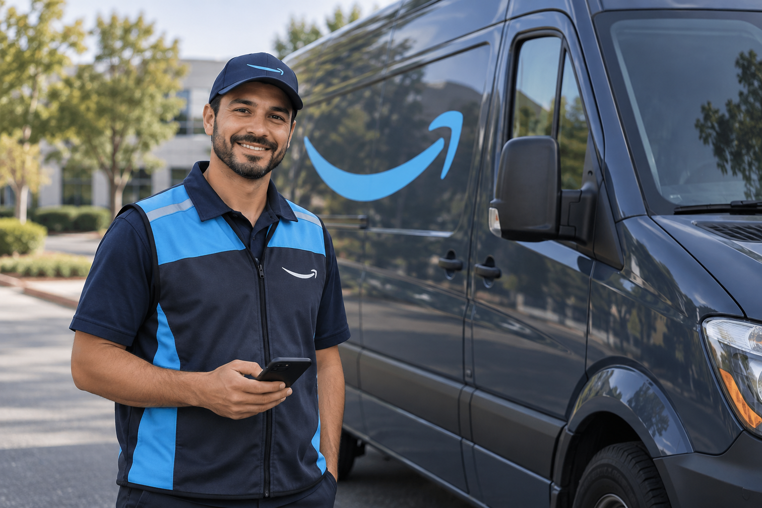 Illustrative scene of a smiling Amazon delivery driver holding a smartphone beside an Amazon delivery van