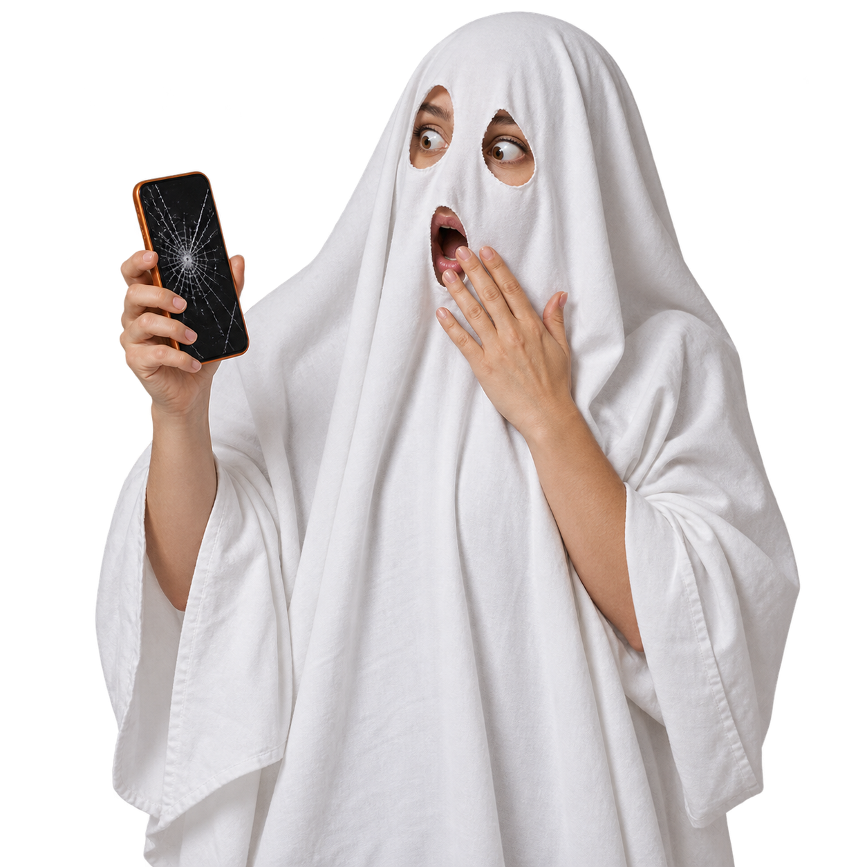 A startled person wearing a white ghost sheet and holding a phone with a cracked black screen