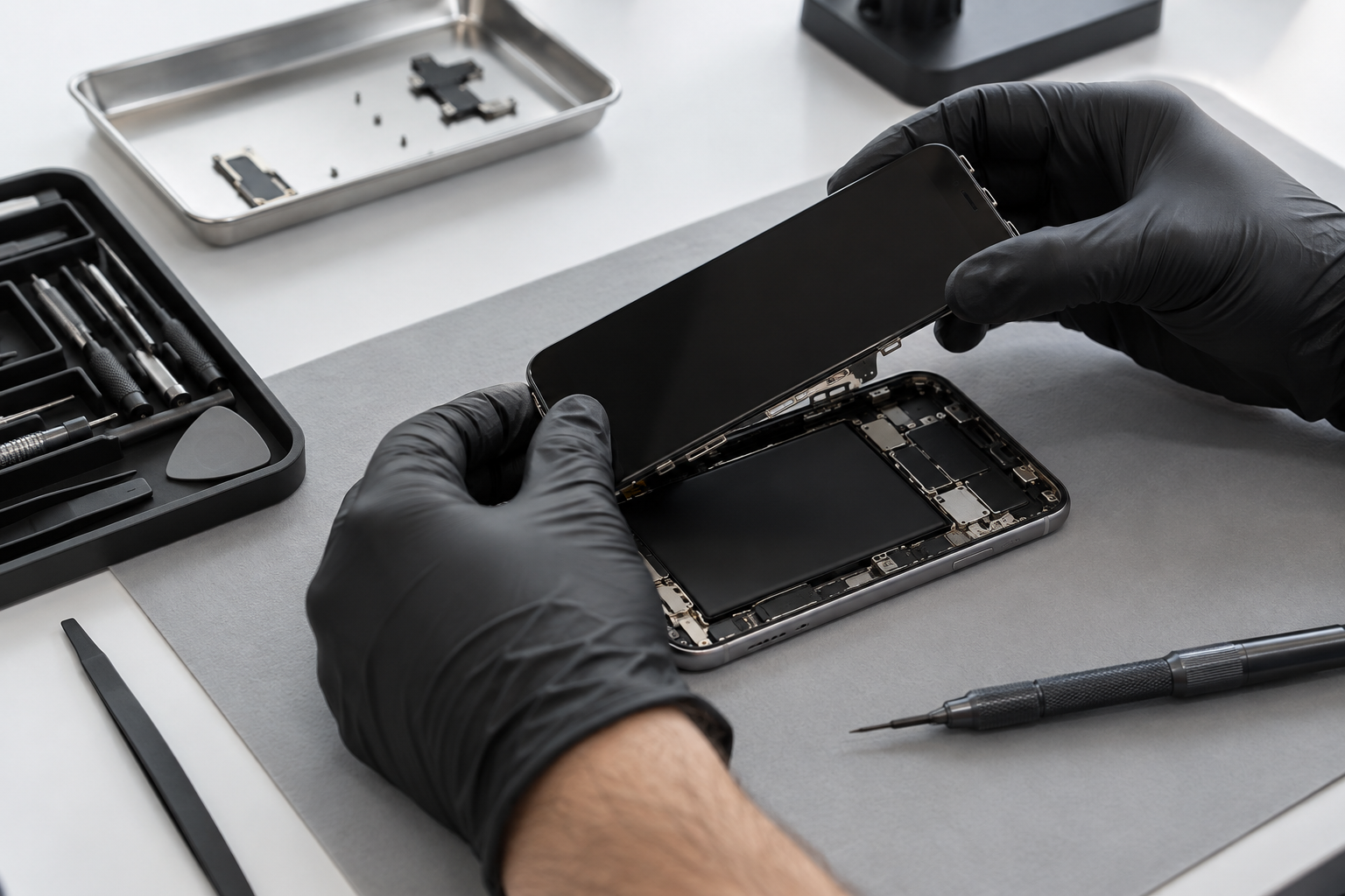 Electronics repair technician at work